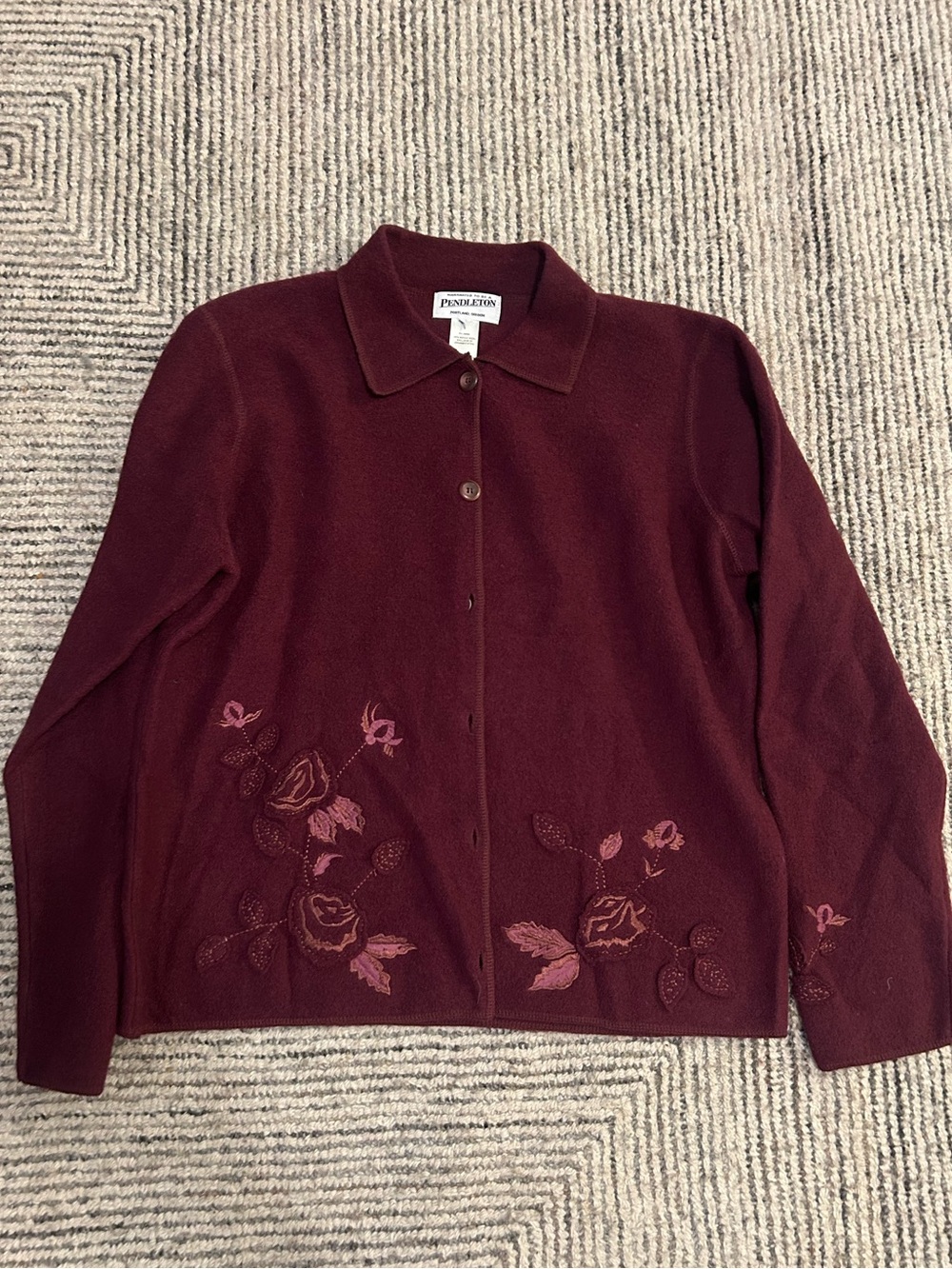 Pendleton Women's Burgundy Button-Front Floral Embroidered Merino Wool Sweater